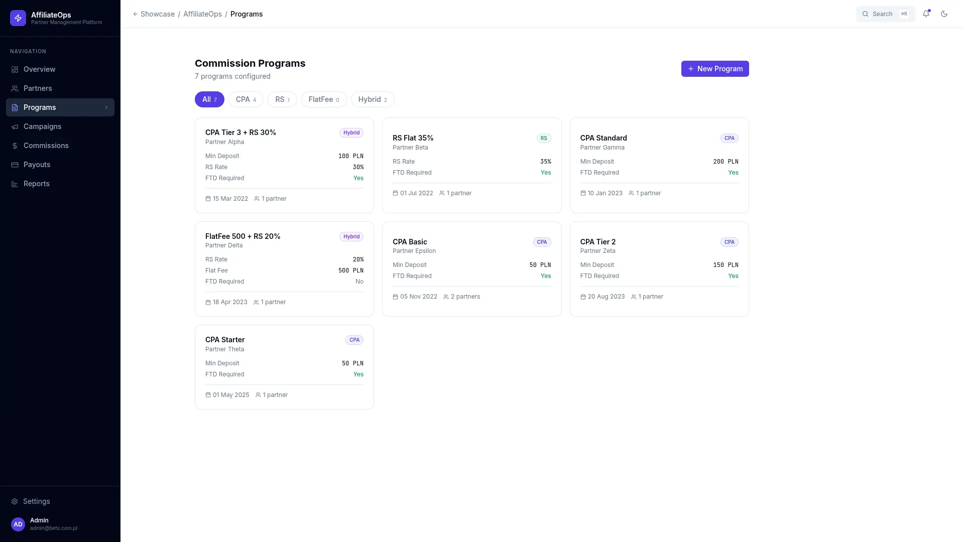 Affiliate Platform - widok demonstracyjny programów prowizyjnych